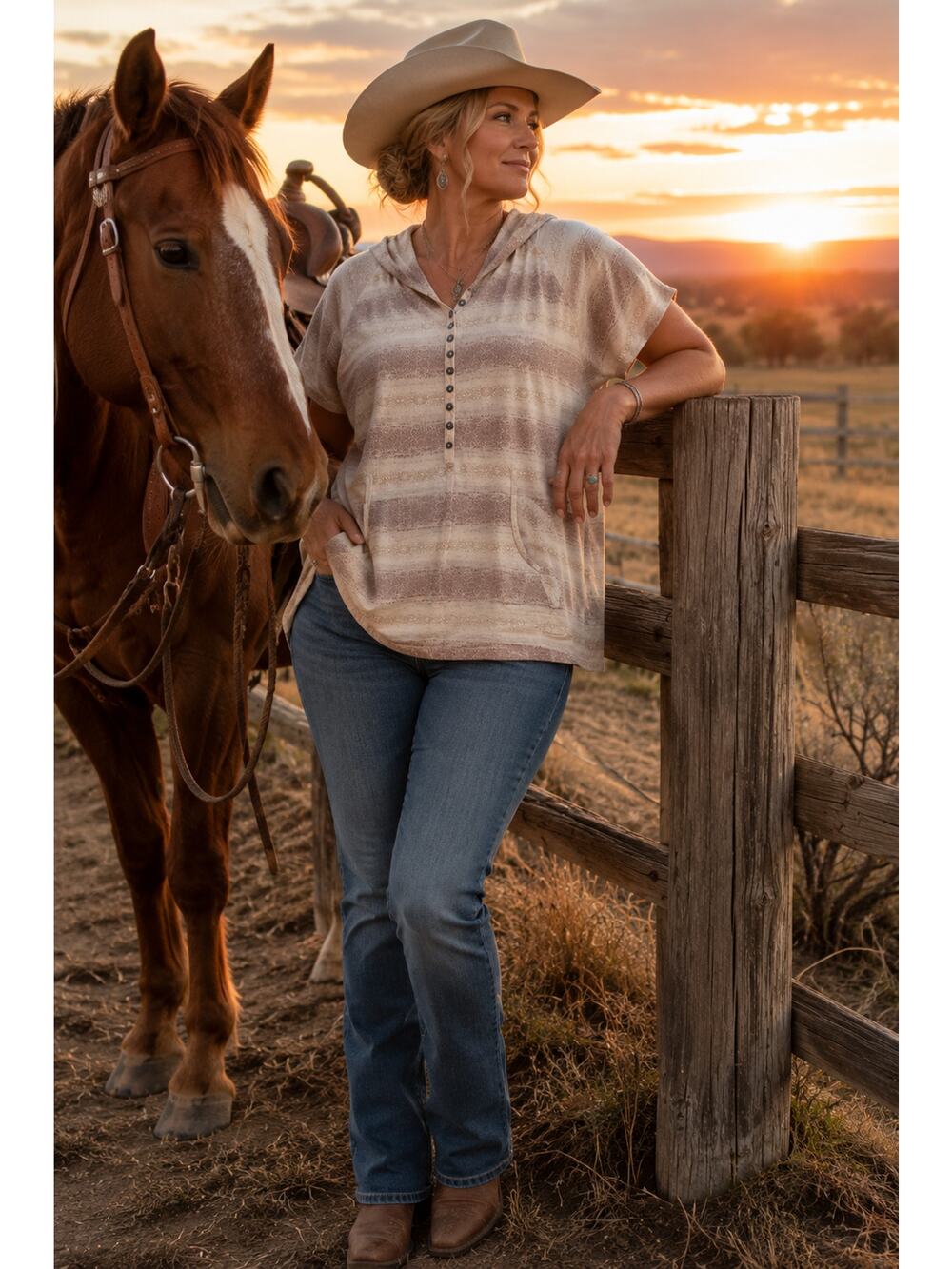 VTG Y2K Ruff Hewn Hooded Henley Top XL 100% Cotton Beige Taupe Ranch Cowgirl